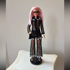 Vintage 60s Barbie Clone Mod Black Lace Pants Set w/PomPom Trim, Accessories